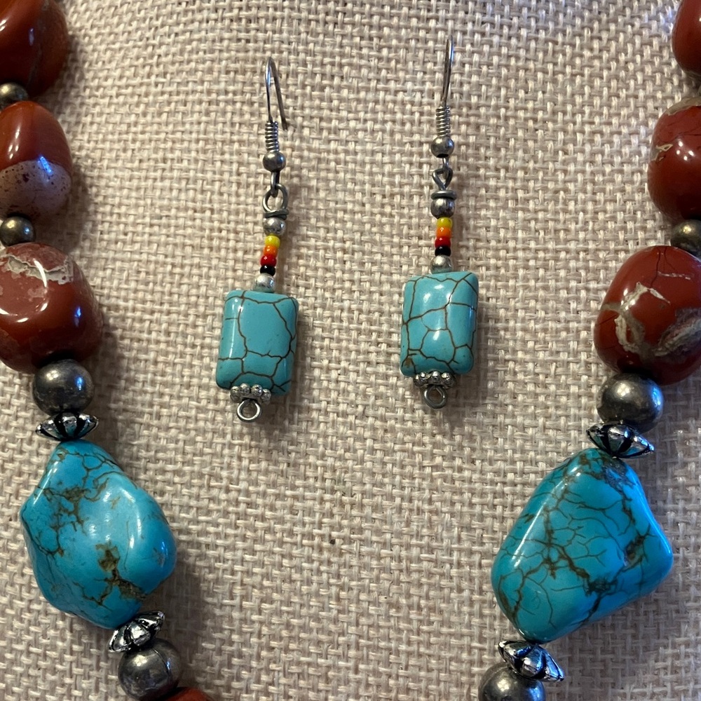 RED JASPER AND AUTHENTIC TURQUOISE SILVER ACCENTS WITH TURQ EARRINGS - Picture 5 of 13